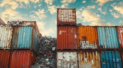Fototapeta premium Colorful containers stacked together, displaying a charming blend of hues alongside rustic textures.