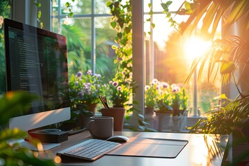 Modern home office with greenery and lots of green plants. Work life balance concept. Enjoying working from an atmospheric home office full of green plants.