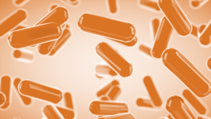 Capsules are moving upward on a orange background. Tablet pills capsules float slowly in slow motion. 3d rendering