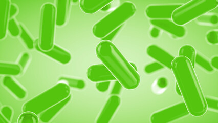 Glass transparent capsules moving down on a green background. Tablet pills capsules float slowly in slow motion. 3d rendering