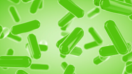Glass transparent capsules moving down on a green background. Tablet pills capsules float slowly in slow motion. 3d rendering
