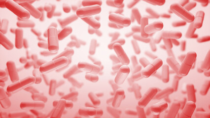 Capsules are moving upward on a red background. Tablet pills capsules float slowly in slow motion. 3d rendering