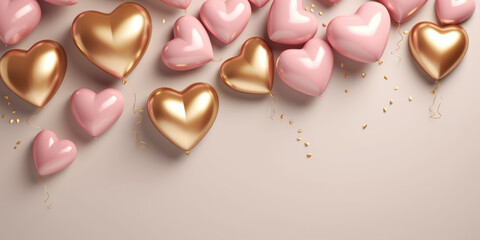 Pink and gold heart-shaped balloons on white background, copy space. Abstract beautiful background for Valentine's day, Wedding, Birthday, Romantic greeting card, banner, invitation