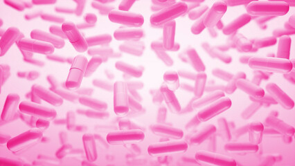 Pink 3D background with slowly floating capsules. Smoothly floating and colliding pills and capsules. Medical capsule with biomedical concept. Colorful Neon Light. 3d rendering