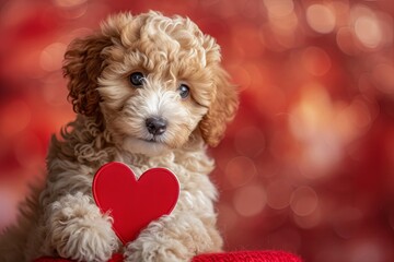 Cute little labradoodle puppy dog with a red heart on pink red background for Valentine's day or Mother's day or birthday card.