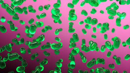 Glass transparent green capsules moving upward on a pink background. Tablet pills capsules float slowly in slow motion. Medical capsule with biomedical concept. 3d rendering