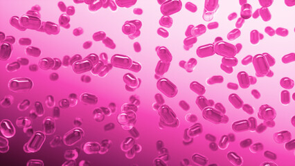 Glass transparent capsules moving down on a pink background. Tablet pills capsules float slowly in slow motion. 3d rendering