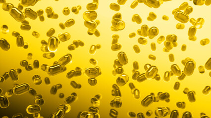 Glass transparent capsules moving upward on a yellow background. Tablet pills capsules float slowly in slow motion. 3d rendering