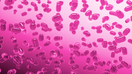 Glass transparent capsules moving down on a pink background. Tablet pills capsules float slowly in slow motion. 3d rendering