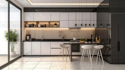 A monochromatic modern kitchen with glossy cabinets, a statement backsplash, and minimalist decor for a chic aesthetic