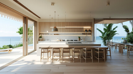 A coastal-inspired modern kitchen with light tones, natural textures, and panoramic views, creating a bright and airy space