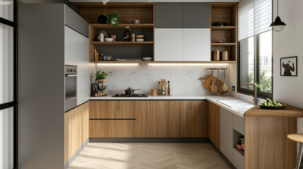 A compact modern kitchen with clever storage solutions, maximizing functionality without compromising on style