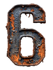 Number 6 made of rusty metal in grunge style.