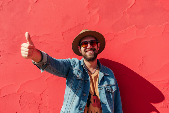 Happy Man Giving Thumbs Up Against Red Wall. Smiling bearded man in a fedora and sunglasses giving a thumbs up, casual style against a vibrant red textured background.