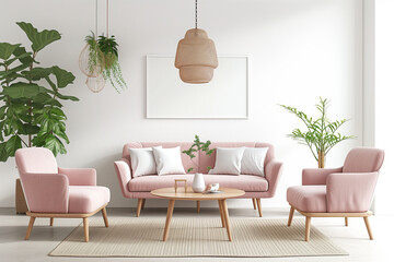 Chic Scandinavian Living Space. Stylish pink furniture with indoor plants in a modern Scandinavian living room.