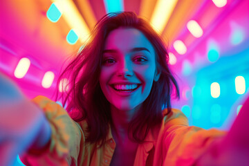 Vibrant Selfie of Joyful Woman with Neon Lights. Woman's selfie with radiant neon glow, exuding joy.