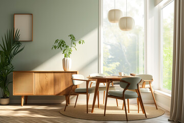 Scandinavian Dining Nook Bathed in Natural Light. A cozy dining space with natural wood tones and greenery.