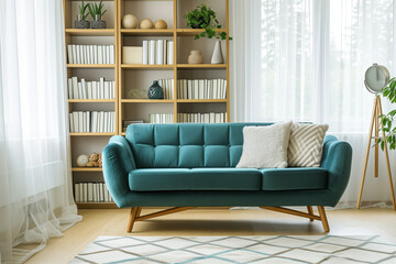 Bright Living Room with Teal Sofa and Plants. Bright and airy living room with a stylish teal sofa, woven pouffe, and a selection of green indoor plants, creating a fresh and welcoming space.