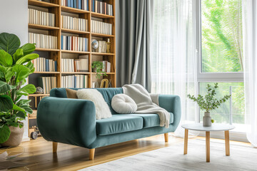 Tranquil Scandinavian Living Room with Lush Greenery. Teal sofa and wooden bookshelf in a cozy, sunlit living room.