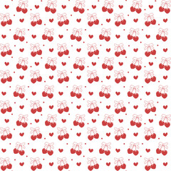 Coquette red cherry with bow seamless pattern isolated on white background.
