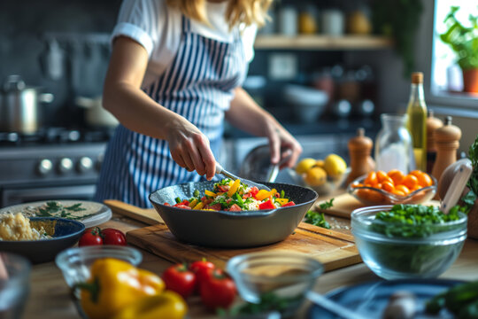 Home Cooking Fresh Vegetables Stir Fry. Home chef preparing a colorful stir fry with fresh vegetables in a well-equipped kitchen, embodying healthy lifestyle choices.
