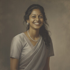 Laughing young Indian woman with straight hair wearing silver on a silver background, studio...