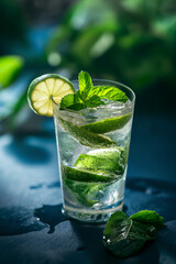 Appetizing glass of mojito with mint and lime wedge