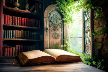 AI GENERATIVE, a giant open book in which there is a door that transports you to a world full of fantasy,