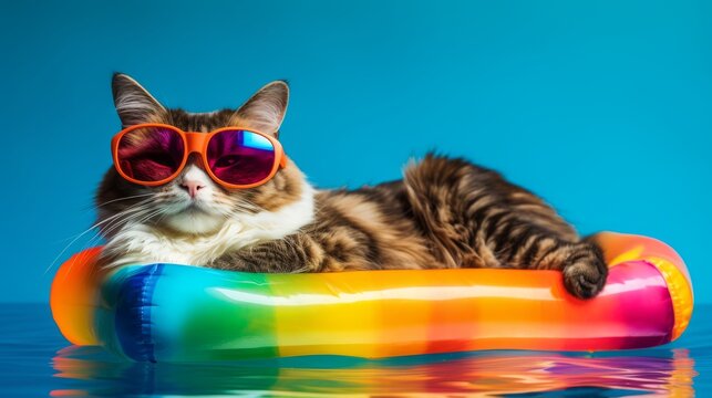 A tricolor cat wearing sunglasses lounges in the pool on an inflatable mattress.