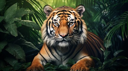 Portrait of a bold tiger against a tangled jungle backdrop.