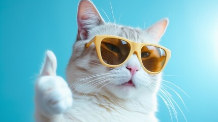 Cat wearing sunglasses and giving thumb up. Adorable pet illustration.
