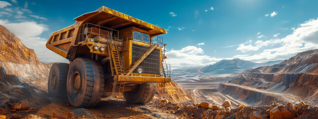 Massive Orange Haul Truck in Open Pit Mining Landscape, epic illustration
