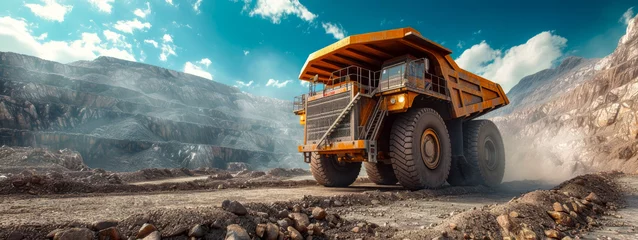 Fotobehang Massive Orange Haul Truck in Open Pit Mining Landscape, epic illustration  © Infini Craft