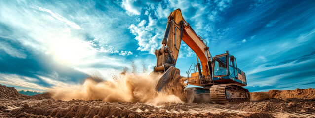 Hydraulic Excavator in Action at a Dusty Construction Site, epic illustration
 - obrazy, fototapety, plakaty