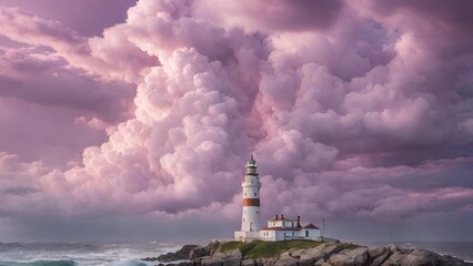 lighthouse on the background of clouds in lilac tones