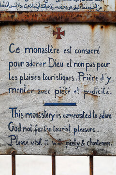 Sign on the way to Our Lady of Hamatoura orthodox monastery, Kannoubine Valley, Lebanon