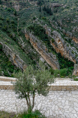View of Kannoubine valley and stairway to Our Lady of Hamatoura orthodox monastery, Kousba, Lebanon
