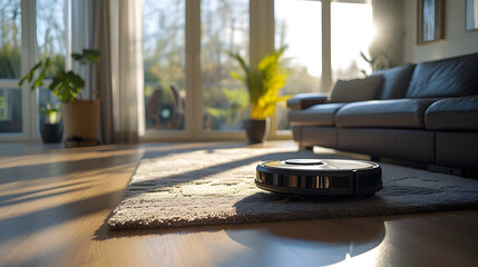 vacuum cleaner, round, black, with dock station in the room, sunlight, close-up view - obrazy, fototapety, plakaty