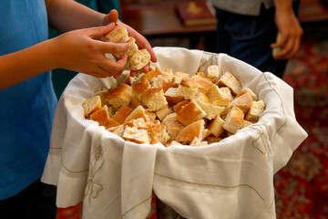 Easter week mass in Wadi El Chahrour El Suflah orthodox church, Lebanon. Holy bread