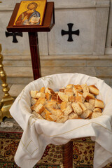 Easter week mass in Wadi El Chahrour El Suflah orthodox church, Lebanon. Holy bread
