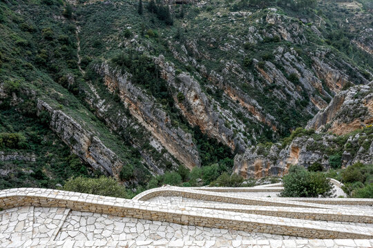 View of Kannoubine valley and stairway to Our Lady of Hamatoura orthodox monastery, Kousba, Lebanon