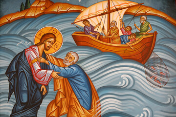 St Elie (Saint Elias) Greek orthodox church, Rabieh, Lebanon. Jesus walking on water and saving...