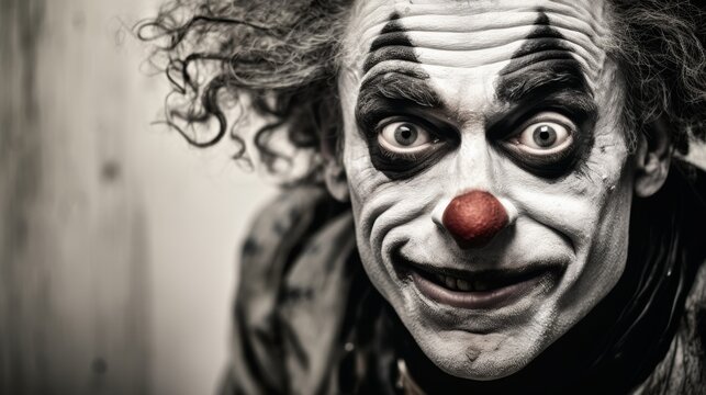 Portrait of a crazy clown with a scary face, showing the sadness behind the happy face.
