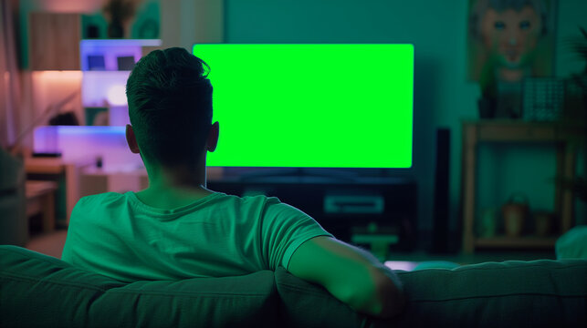 Sports fan watching game on green screen tv mockup encouraging favourite team while relaxing at home sitting on couch. Man sport supporter looking at television with chroma key display in living room