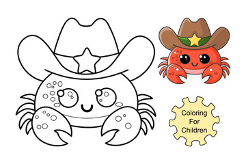 learn to color a crab wearing a cowboy hat, coloring book, coloring pages for children.