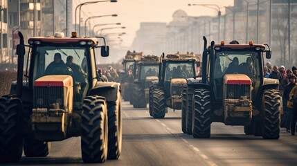 Many tractors blocked city streets and caused traffic jams in city. Agricultural workers protesting...