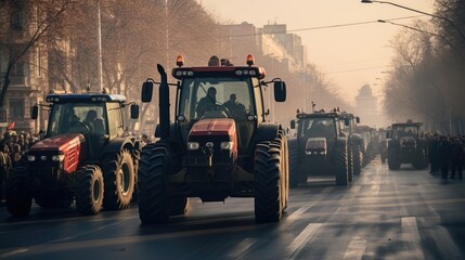 Many tractors blocked city streets and caused traffic jams in city. Agricultural workers protesting against tax increases, changes in law, abolition of benefits on protest rally, Generative Ai - obrazy, fototapety, plakaty