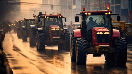 Many tractors blocked city streets and caused traffic jams in city. Agricultural workers protesting against tax increases, changes in law, abolition of benefits on protest rally, Generative Ai