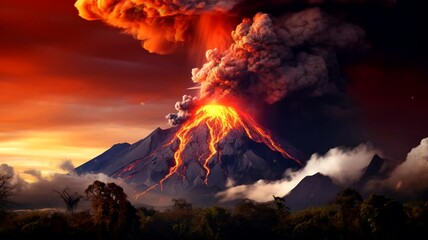Volcano erupting scene, animated virtual repeating seamless 4k