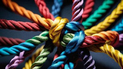 Colorful ropes knotted together - obrazy, fototapety, plakaty